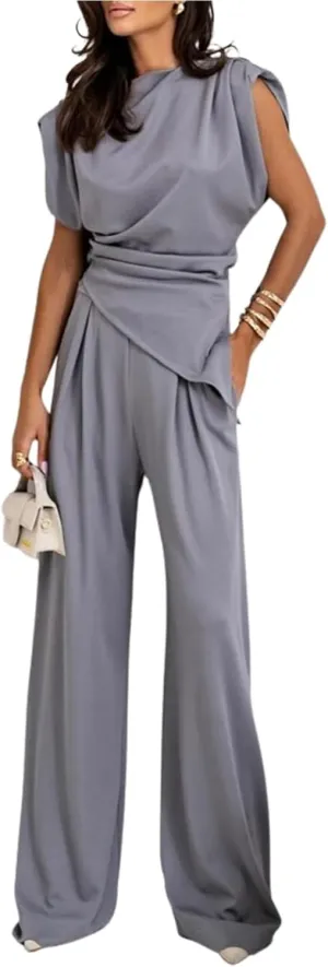 Women's Round Neck Pleated Sleeveless Casual Suit Solid Color Irregular Top and High Waist Wide Leg Pants Business Set