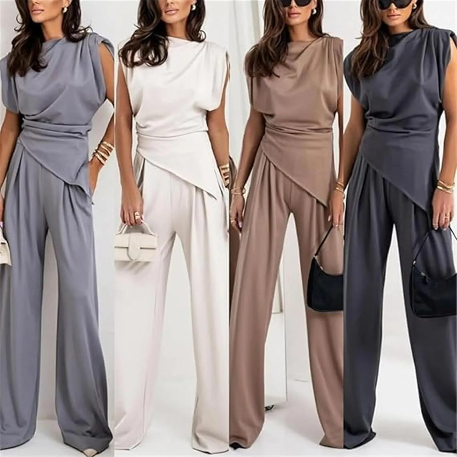Women's Round Neck Pleated Sleeveless Casual Suit Solid Color Irregular Top and High Waist Wide Leg Pants Business Set