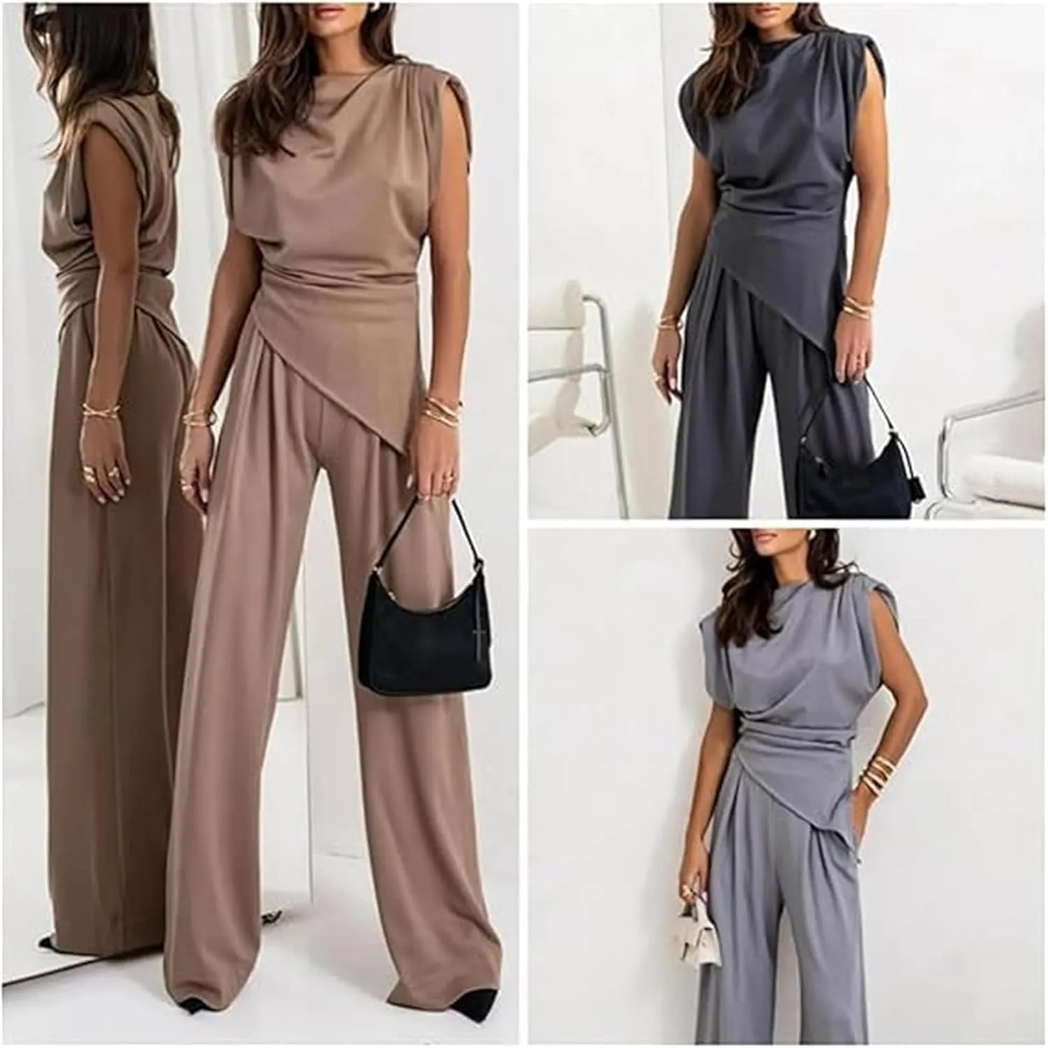 Women's Round Neck Pleated Sleeveless Casual Suit Solid Color Irregular Top and High Waist Wide Leg Pants Business Set