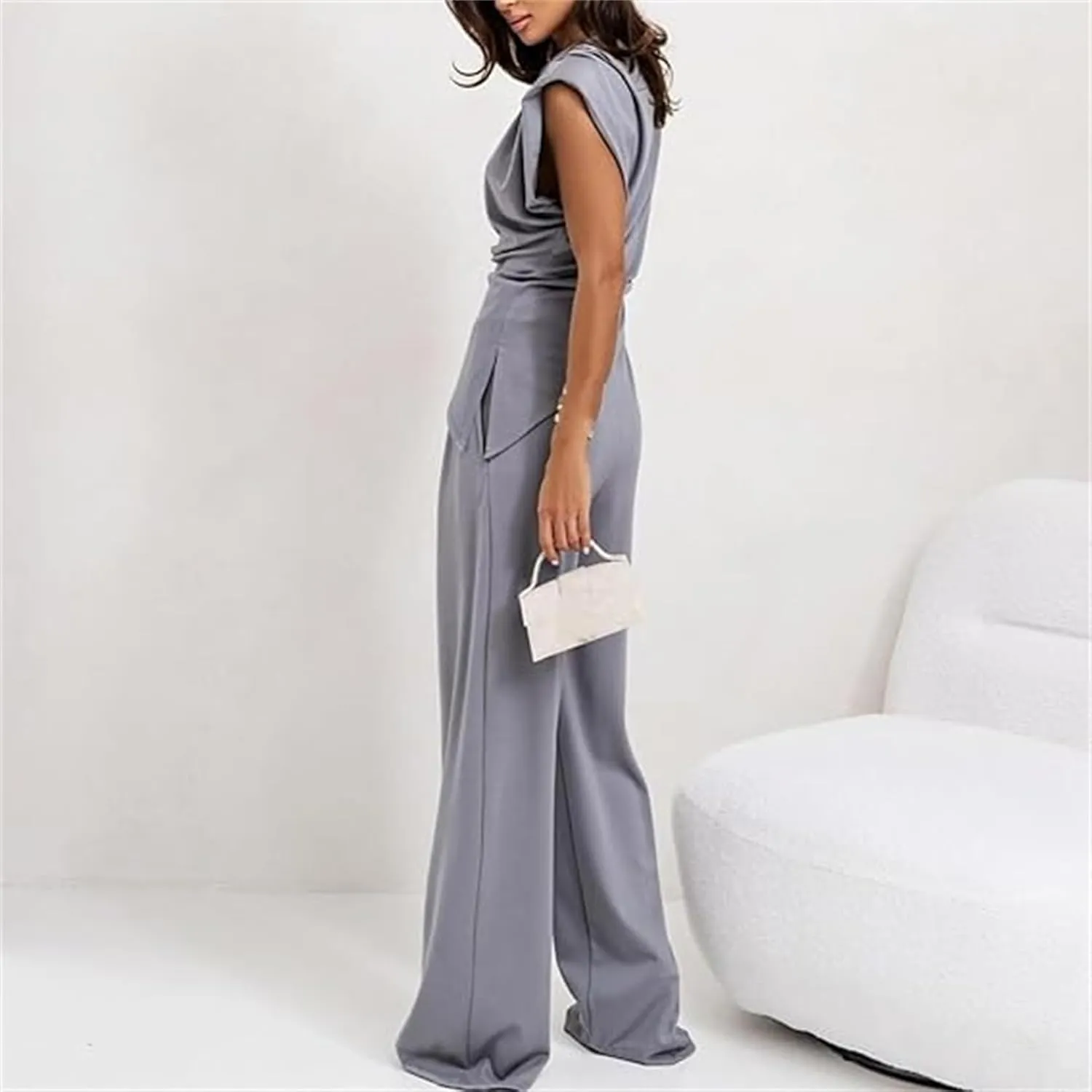 Women's Round Neck Pleated Sleeveless Casual Suit Solid Color Irregular Top and High Waist Wide Leg Pants Business Set
