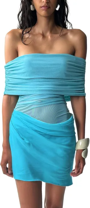 Women's Sexy Elegant Off Shoulder Bodycon Mini Dress Mesh Ruched Cocktail Party Dresses Y2k Semi-Sheer