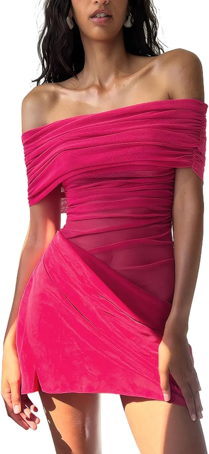 Women's Sexy Elegant Off Shoulder Bodycon Mini Dress Mesh Ruched Cocktail Party Dresses Y2k Semi-Sheer