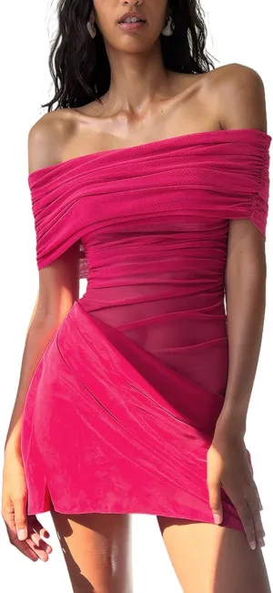 Women's Sexy Elegant Off Shoulder Bodycon Mini Dress Mesh Ruched Cocktail Party Dresses Y2k Semi-Sheer
