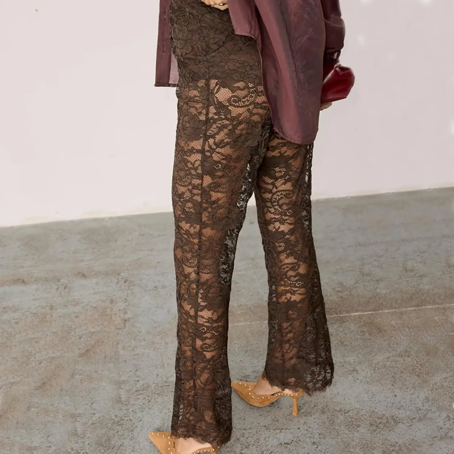 Women's Sheer Lace Flare Pants Sexy See Through High Waist Leggings Gothic Floral Bell-Bottoms Trousers Streetwear