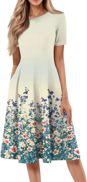 Womens Short Sleeve Formal Midi Dress Trendy Plus Size Floral Flowy Casual Elegant Vintage Smocked Knee Length Dress