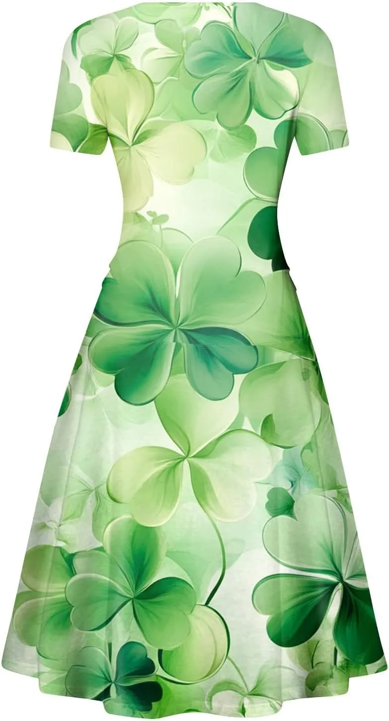 Women's Short Sleeve Loose Dress Comfy Slim V-Neck Daily Waisted Shirred Dressy Casual Shamrock Print Dresses