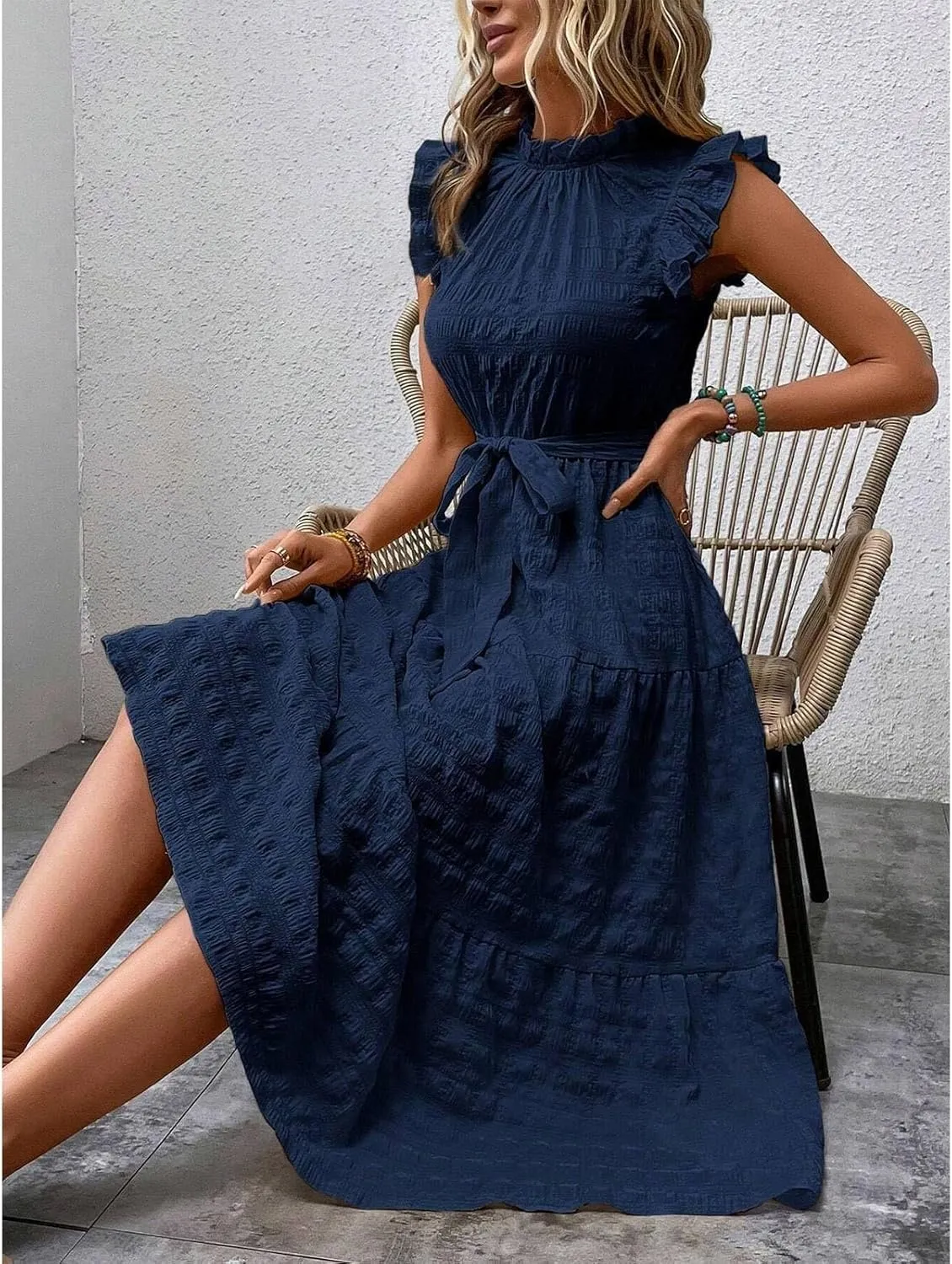 Womens Sleeveless Maxi Dress Summer Casual Ruffle Smocked Bohemian Flowy Tiered A-Line Trendy Beach Vacation Sundress
