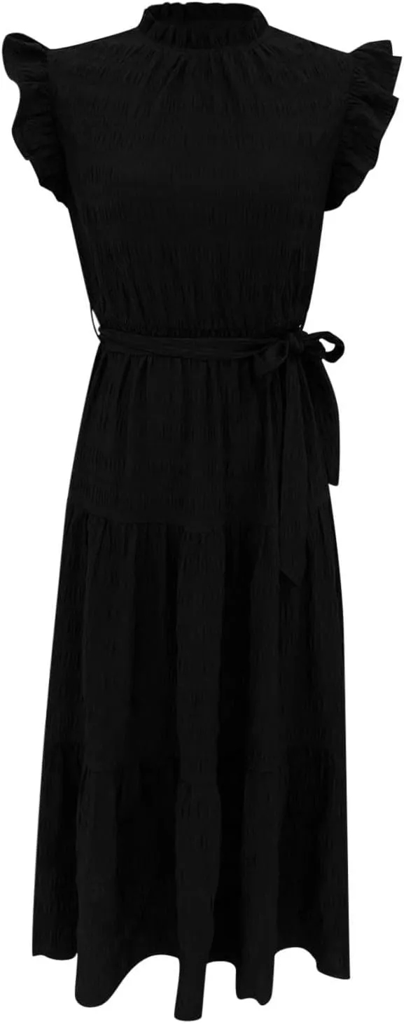 Womens Sleeveless Maxi Dress Summer Casual Ruffle Smocked Bohemian Flowy Tiered A-Line Trendy Beach Vacation Sundress