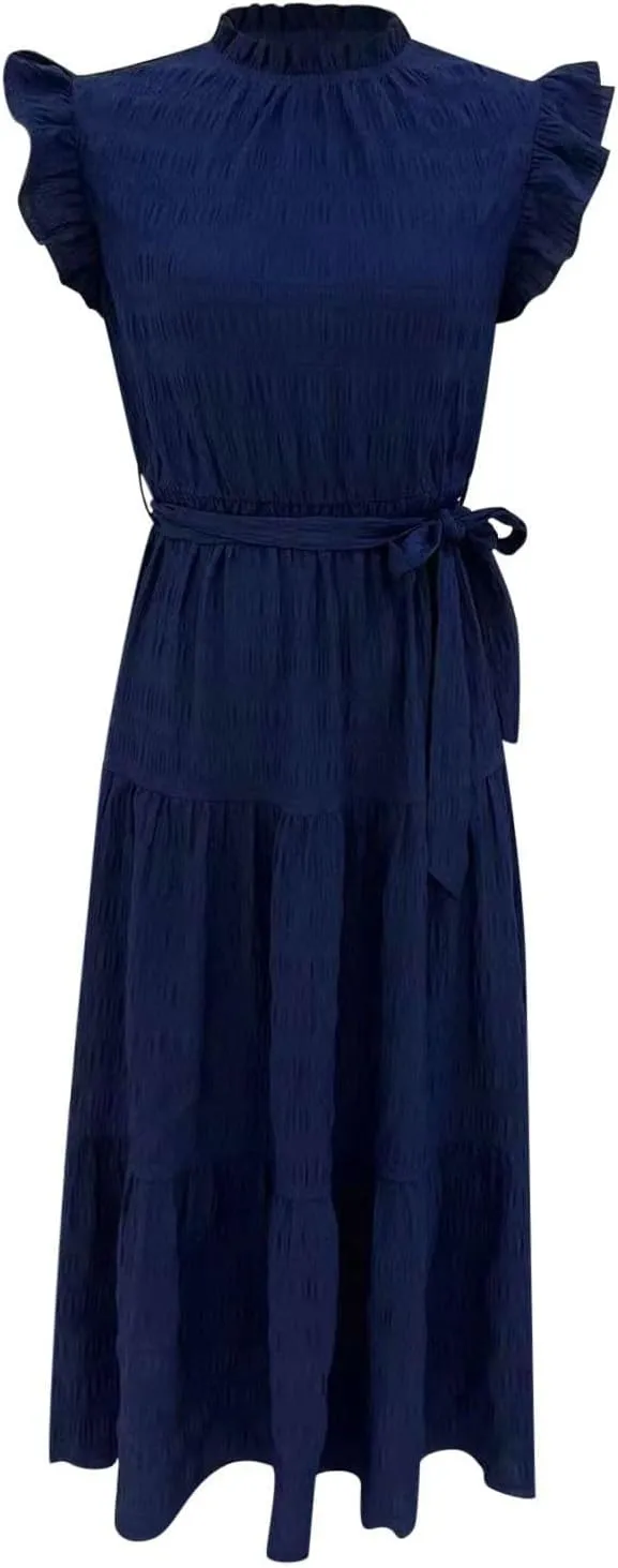Womens Sleeveless Maxi Dress Summer Casual Ruffle Smocked Bohemian Flowy Tiered A-Line Trendy Beach Vacation Sundress