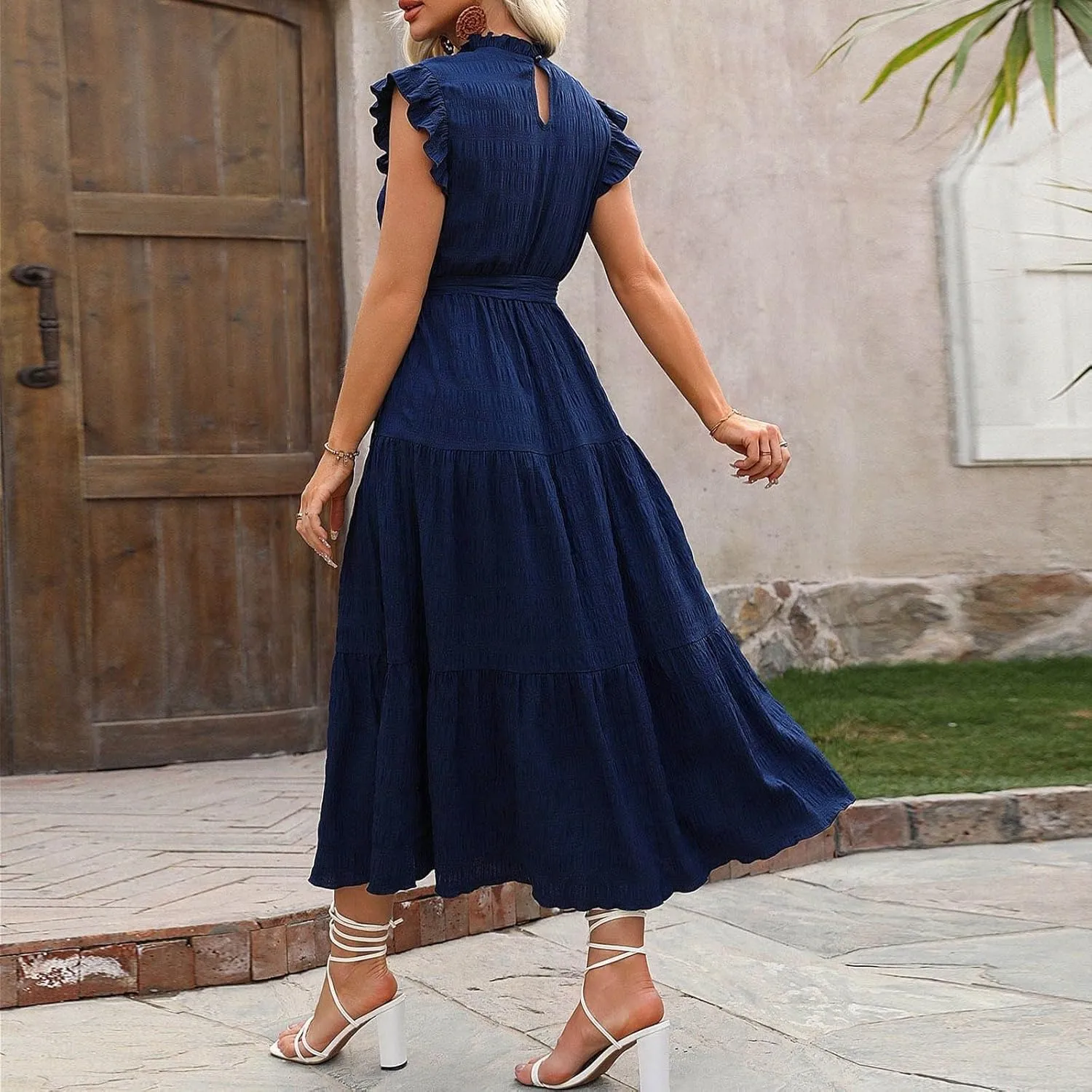 Womens Sleeveless Maxi Dress Summer Casual Ruffle Smocked Bohemian Flowy Tiered A-Line Trendy Beach Vacation Sundress