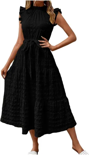 Womens Sleeveless Maxi Dress Summer Casual Ruffle Smocked Bohemian Flowy Tiered A-Line Trendy Beach Vacation Sundress