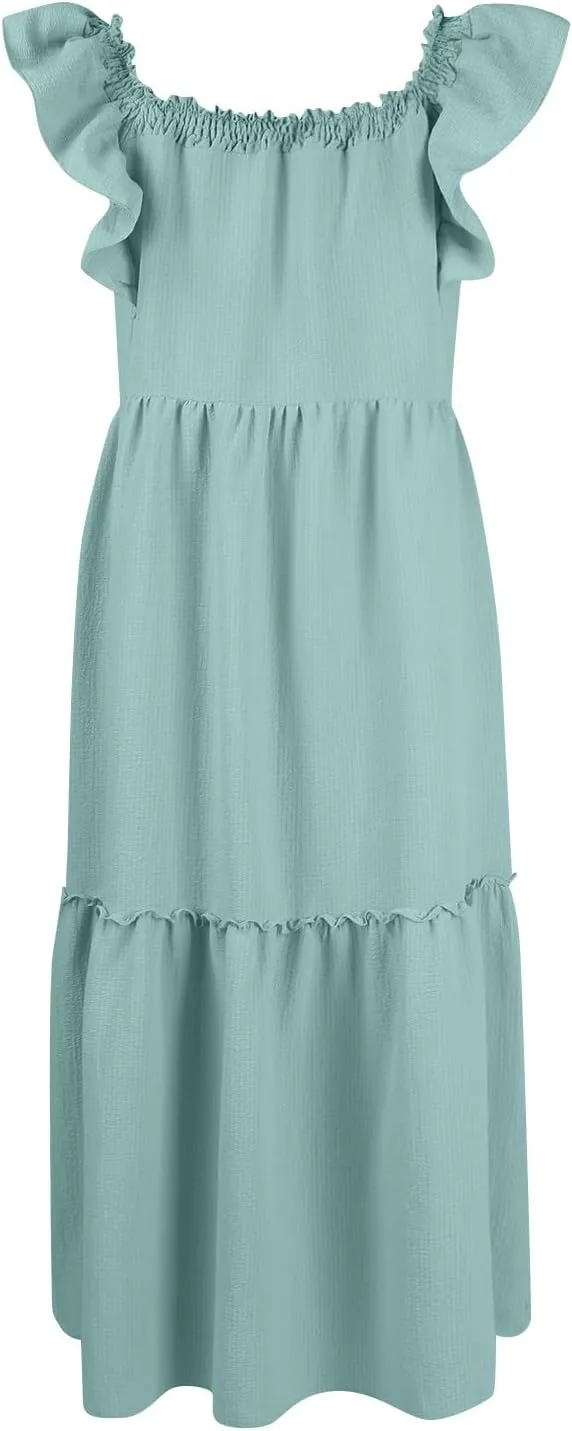 Womens Sleeveless Maxi Dress Summer Casual Ruffle Smocked Bohemian Flowy Tiered A-Line Trendy Beach Vacation Sundress