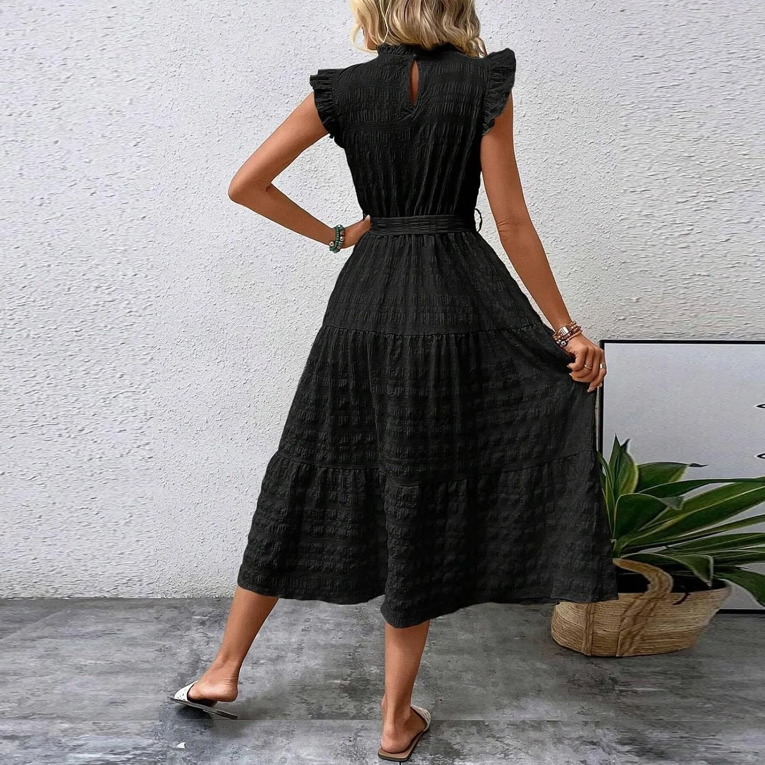 Womens Sleeveless Maxi Dress Summer Casual Ruffle Smocked Bohemian Flowy Tiered A-Line Trendy Beach Vacation Sundress
