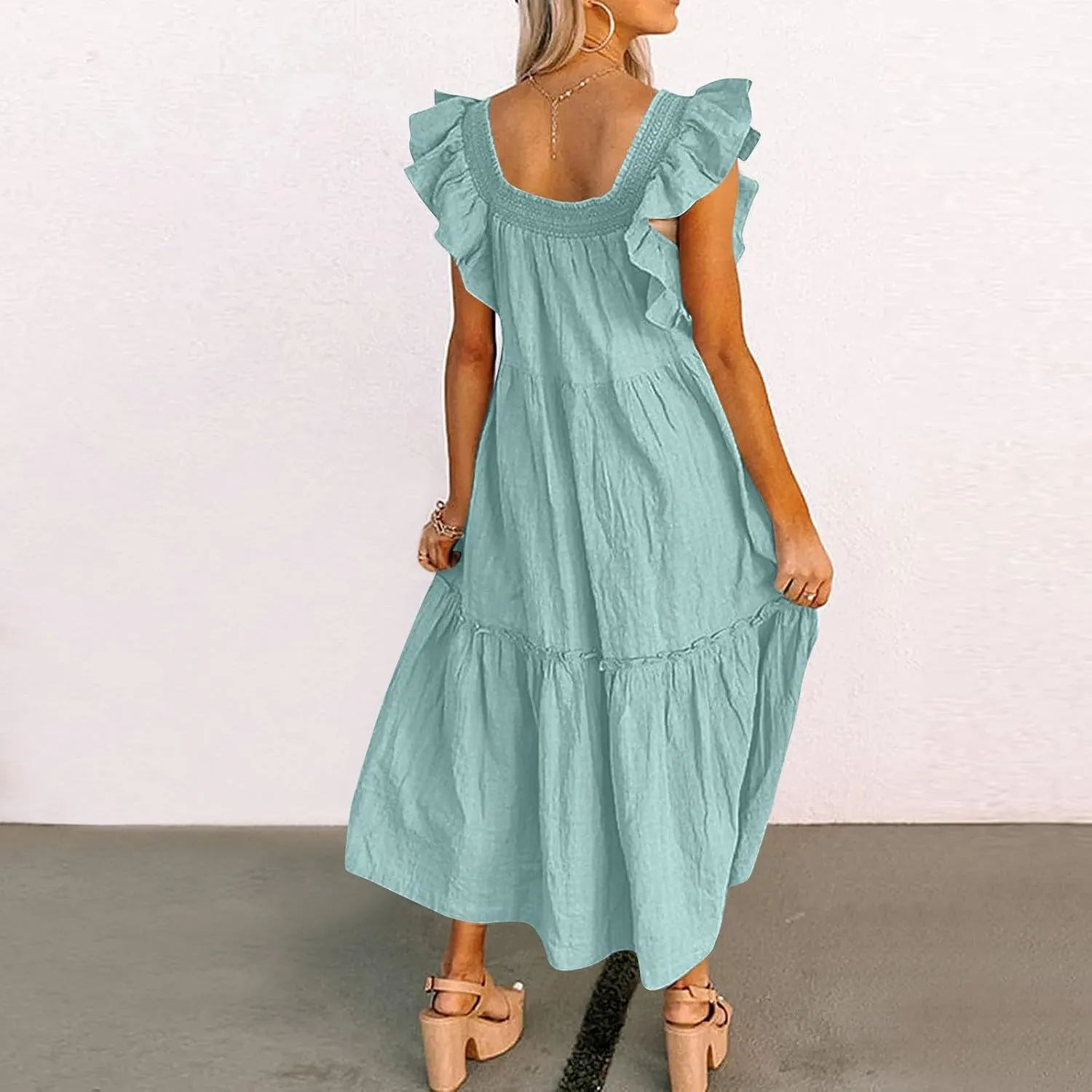 Womens Sleeveless Maxi Dress Summer Casual Ruffle Smocked Bohemian Flowy Tiered A-Line Trendy Beach Vacation Sundress