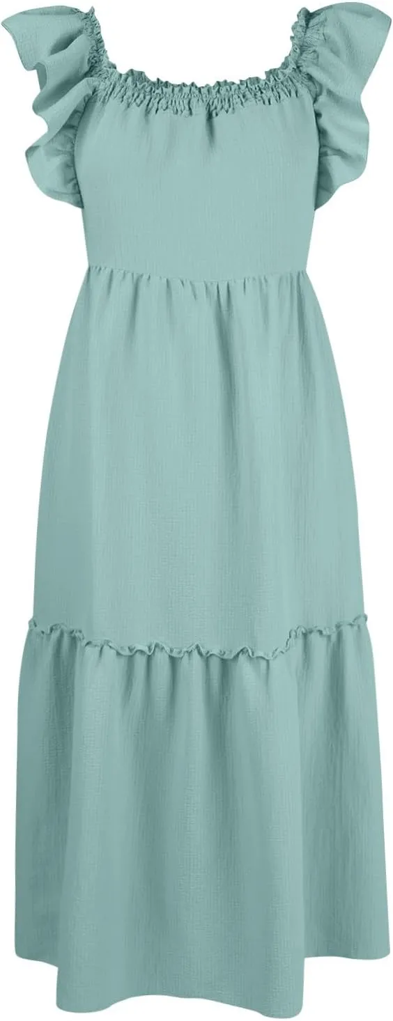 Womens Sleeveless Maxi Dress Summer Casual Ruffle Smocked Bohemian Flowy Tiered A-Line Trendy Beach Vacation Sundress