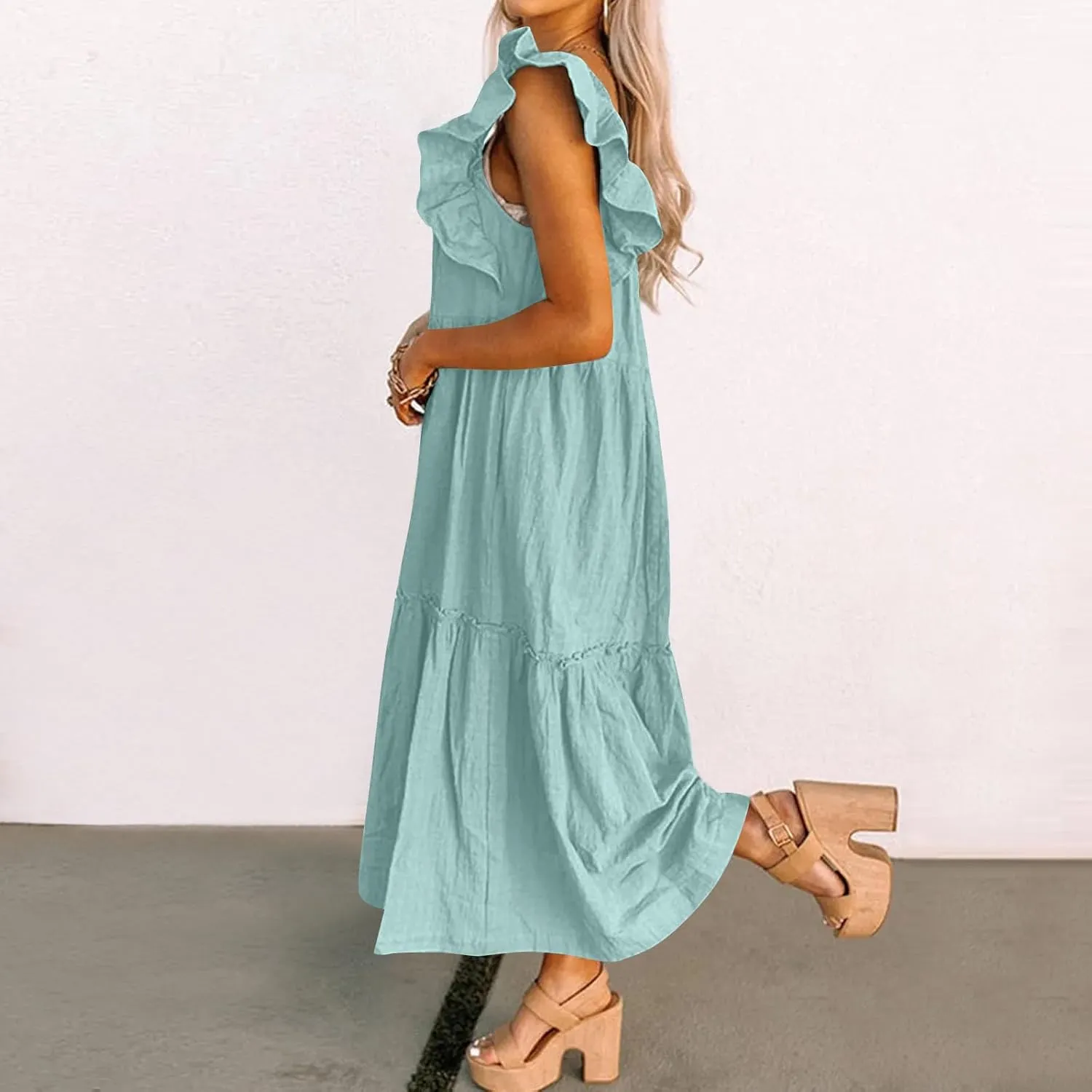 Womens Sleeveless Maxi Dress Summer Casual Ruffle Smocked Bohemian Flowy Tiered A-Line Trendy Beach Vacation Sundress