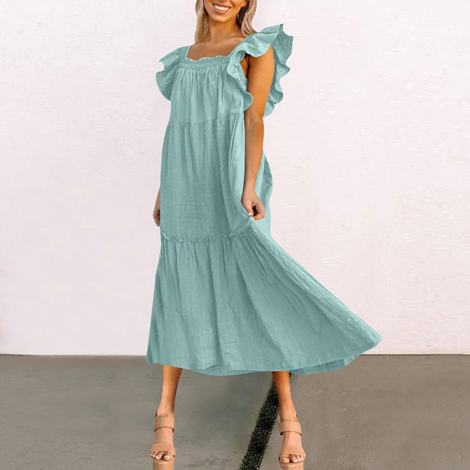 Womens Sleeveless Maxi Dress Summer Casual Ruffle Smocked Bohemian Flowy Tiered A-Line Trendy Beach Vacation Sundress