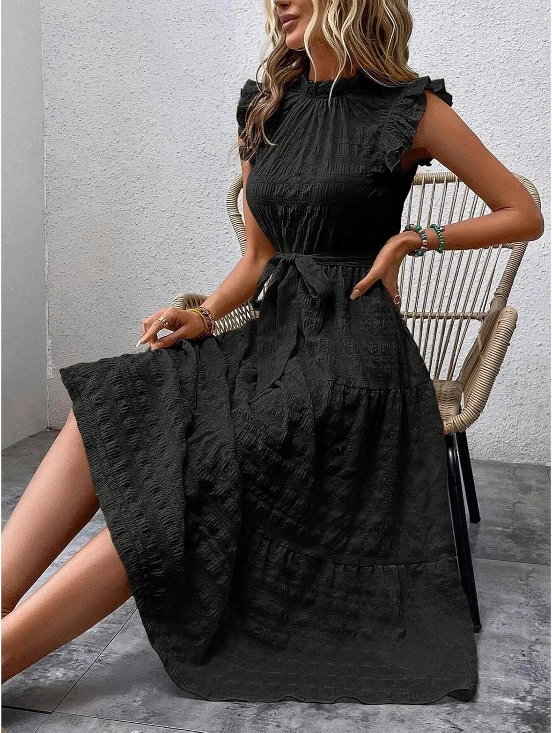 Womens Sleeveless Maxi Dress Summer Casual Ruffle Smocked Bohemian Flowy Tiered A-Line Trendy Beach Vacation Sundress