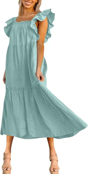 Womens Sleeveless Maxi Dress Summer Casual Ruffle Smocked Bohemian Flowy Tiered A-Line Trendy Beach Vacation Sundress