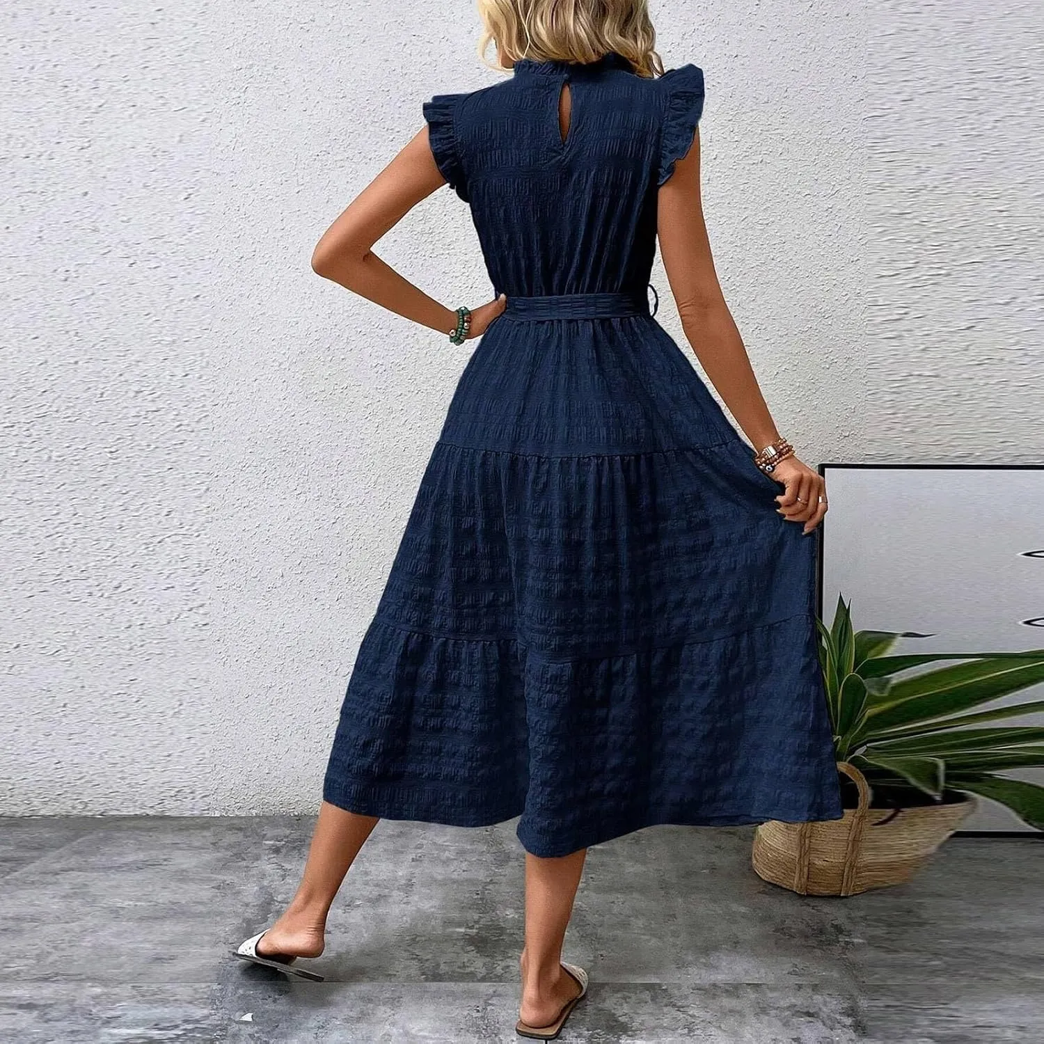 Womens Sleeveless Maxi Dress Summer Casual Ruffle Smocked Bohemian Flowy Tiered A-Line Trendy Beach Vacation Sundress