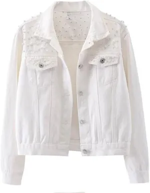 Womens Solid Color Long Sleeve Denim Jacket Pearls Beading Jean Jacket Coat