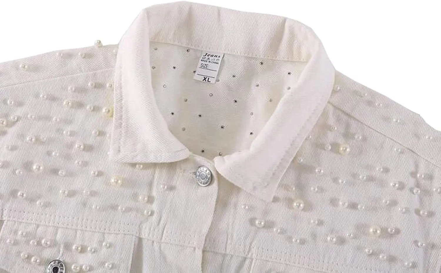 Womens Solid Color Long Sleeve Denim Jacket Pearls Beading Jean Jacket Coat