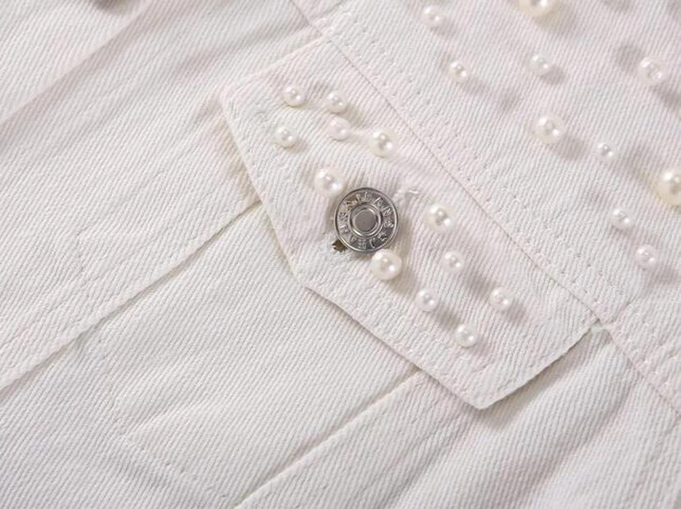 Womens Solid Color Long Sleeve Denim Jacket Pearls Beading Jean Jacket Coat