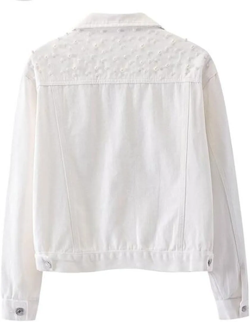 Womens Solid Color Long Sleeve Denim Jacket Pearls Beading Jean Jacket Coat
