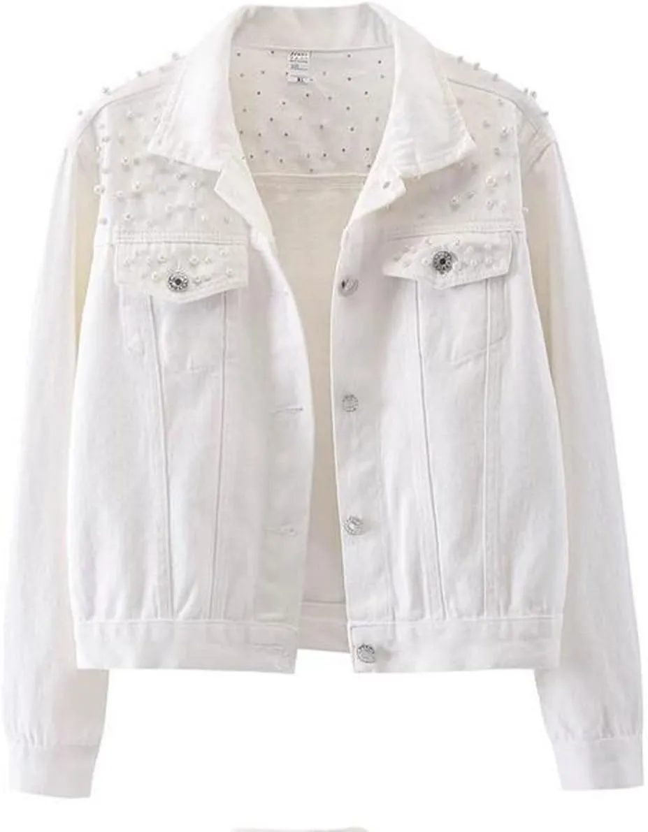 Womens Solid Color Long Sleeve Denim Jacket Pearls Beading Jean Jacket Coat