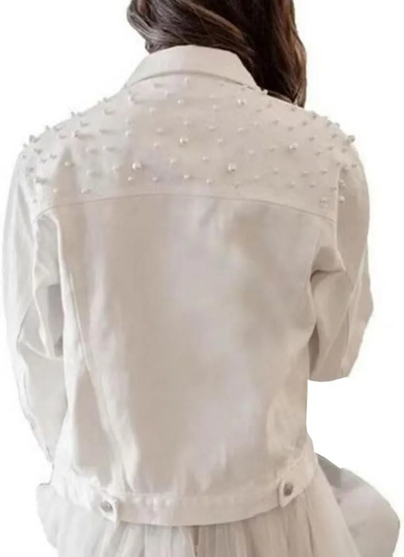 Womens Solid Color Long Sleeve Denim Jacket Pearls Beading Jean Jacket Coat