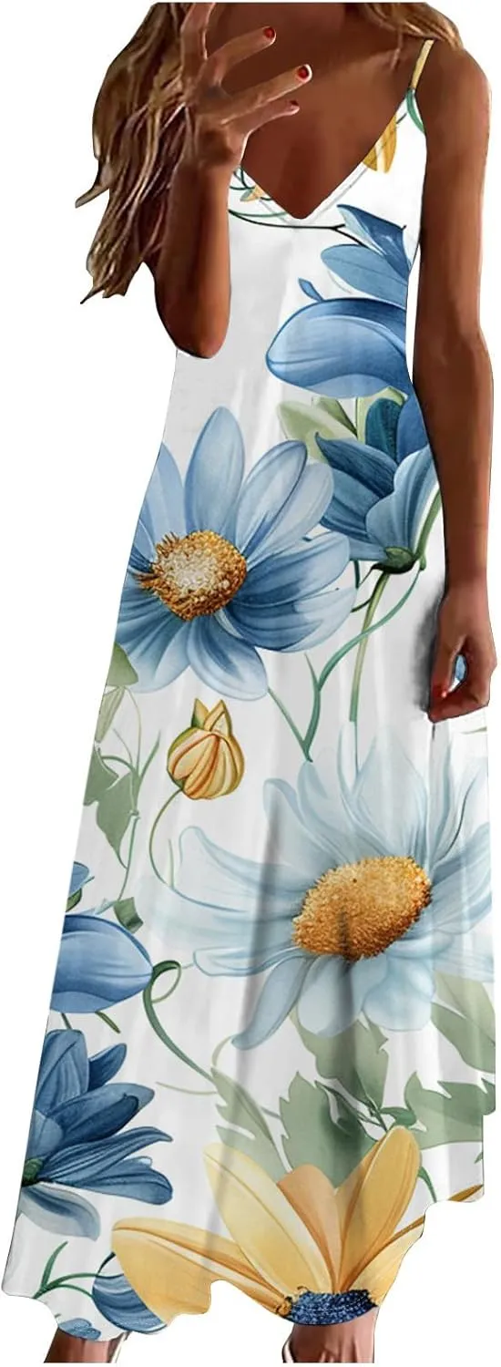 Womens Summer Boho Maxi Dress Spaghetti Strap V-neck Long Sundresses Beach Floral Sexy Loose Flowy Trendy Dresses
