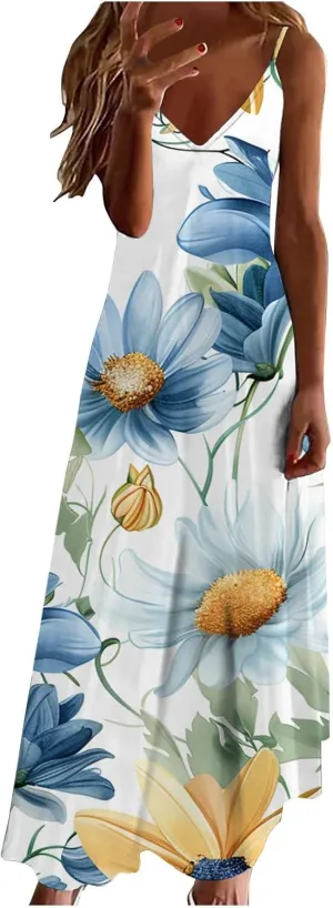 Womens Summer Boho Maxi Dress Spaghetti Strap V-neck Long Sundresses Beach Floral Sexy Loose Flowy Trendy Dresses
