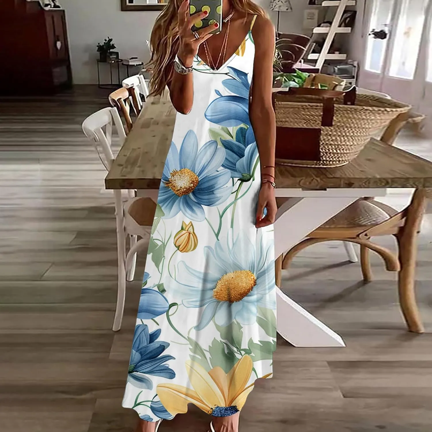 Womens Summer Boho Maxi Dress Spaghetti Strap V-neck Long Sundresses Beach Floral Sexy Loose Flowy Trendy Dresses
