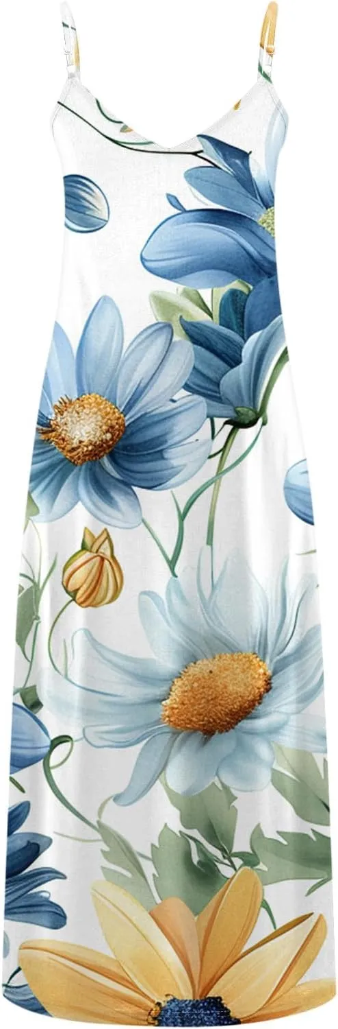 Womens Summer Boho Maxi Dress Spaghetti Strap V-neck Long Sundresses Beach Floral Sexy Loose Flowy Trendy Dresses