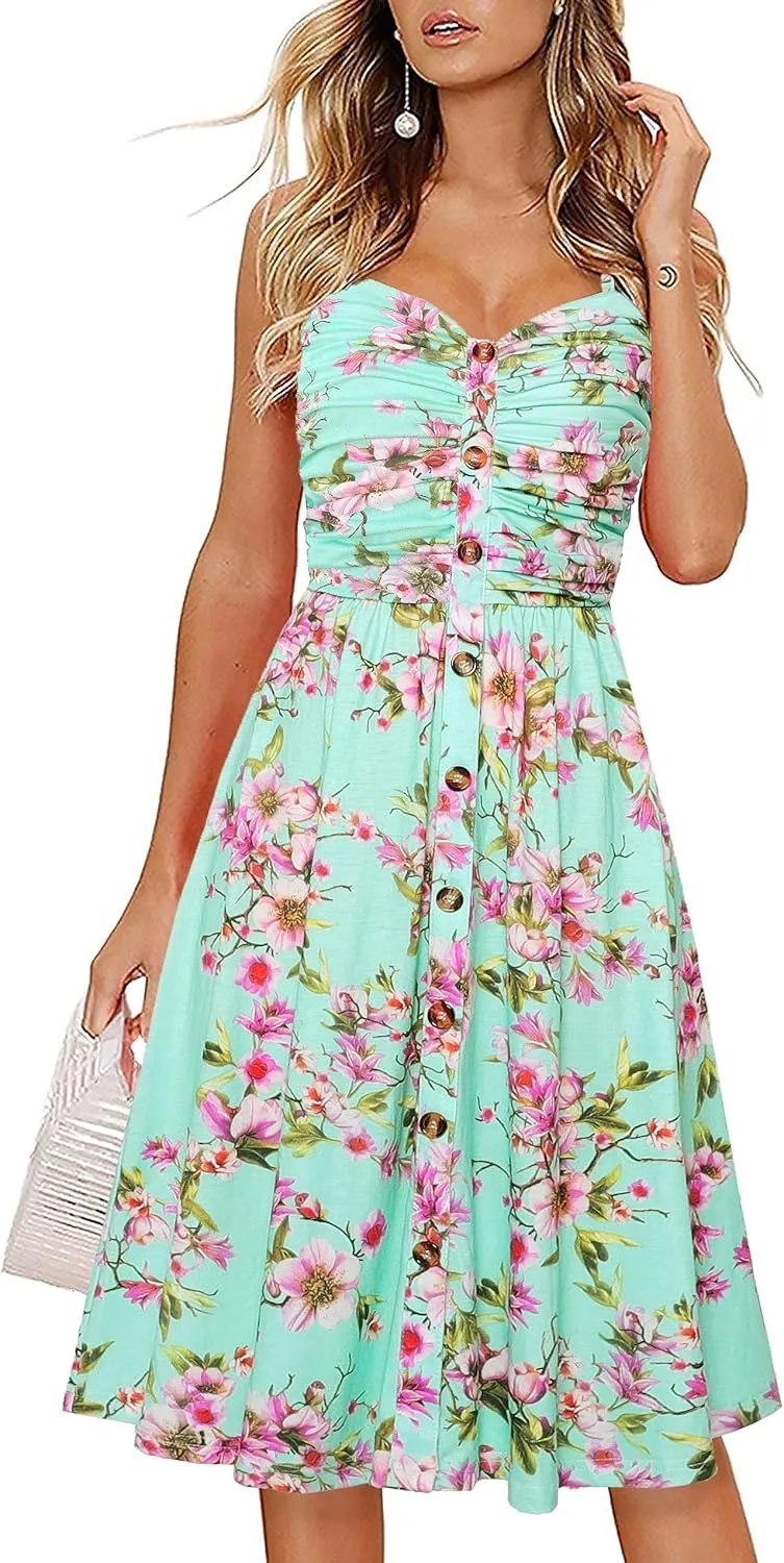 Women's Summer Casual Dress Florals Buttons Down Ruched Sweetheart Neck Sleeveless Midi Sundress