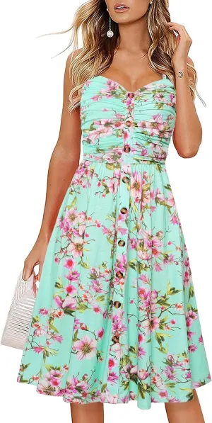 Women's Summer Casual Dress Florals Buttons Down Ruched Sweetheart Neck Sleeveless Midi Sundress