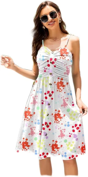 Women's Summer Casual Dress Florals Buttons Down Ruched Sweetheart Neck Sleeveless Midi Sundress