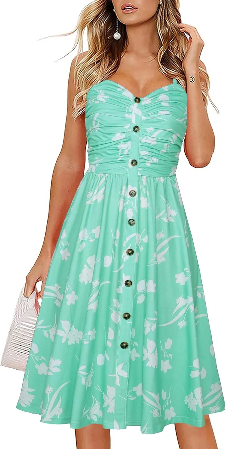 Women's Summer Casual Dress Florals Buttons Down Ruched Sweetheart Neck Sleeveless Midi Sundress
