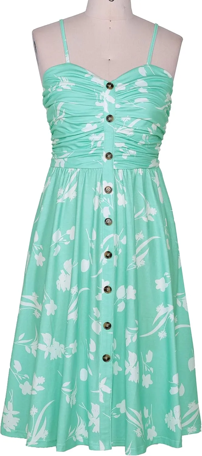 Women's Summer Casual Dress Florals Buttons Down Ruched Sweetheart Neck Sleeveless Midi Sundress