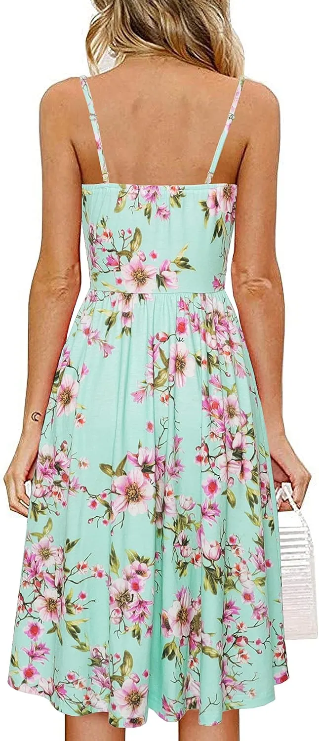 Women's Summer Casual Dress Florals Buttons Down Ruched Sweetheart Neck Sleeveless Midi Sundress