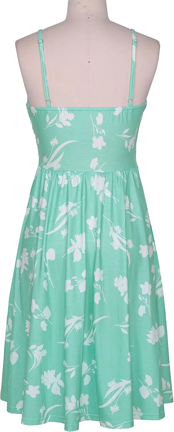 Women's Summer Casual Dress Florals Buttons Down Ruched Sweetheart Neck Sleeveless Midi Sundress
