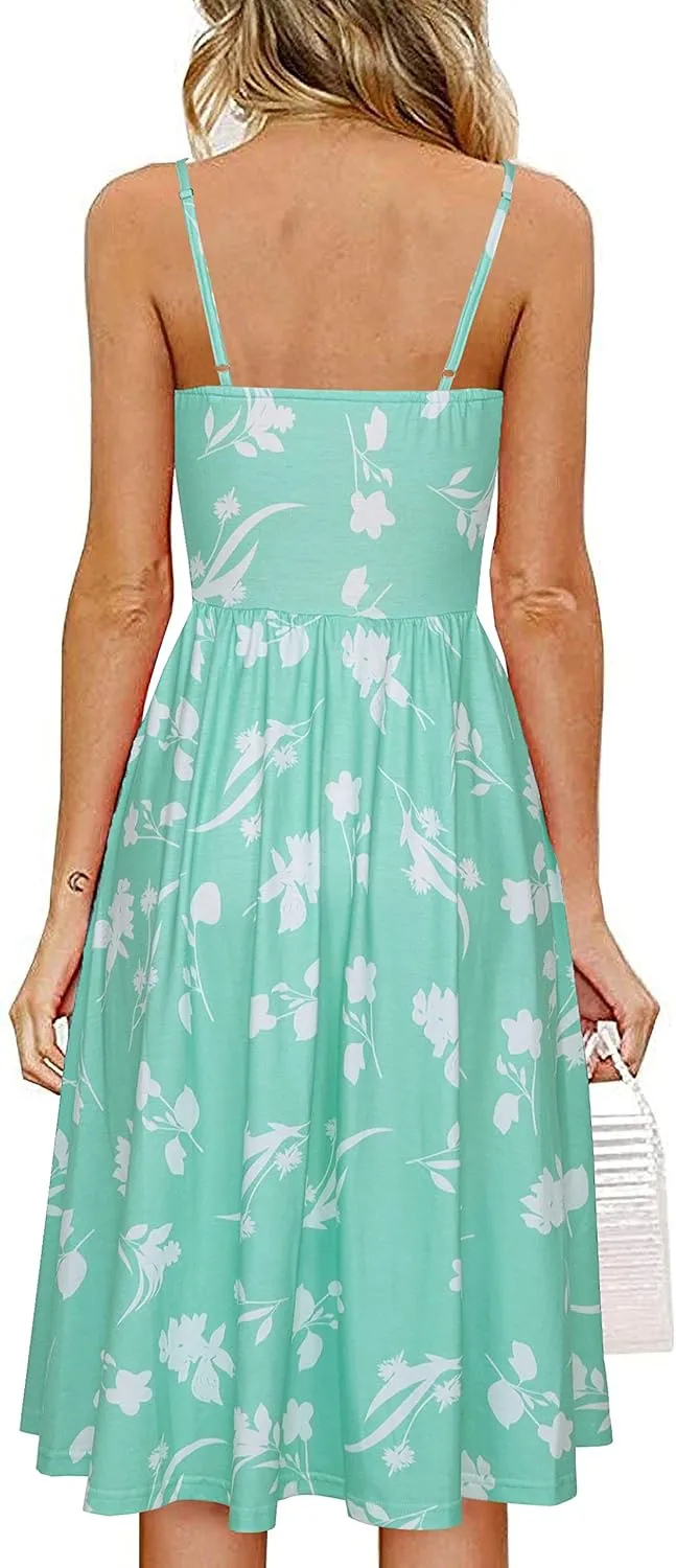 Women's Summer Casual Dress Florals Buttons Down Ruched Sweetheart Neck Sleeveless Midi Sundress