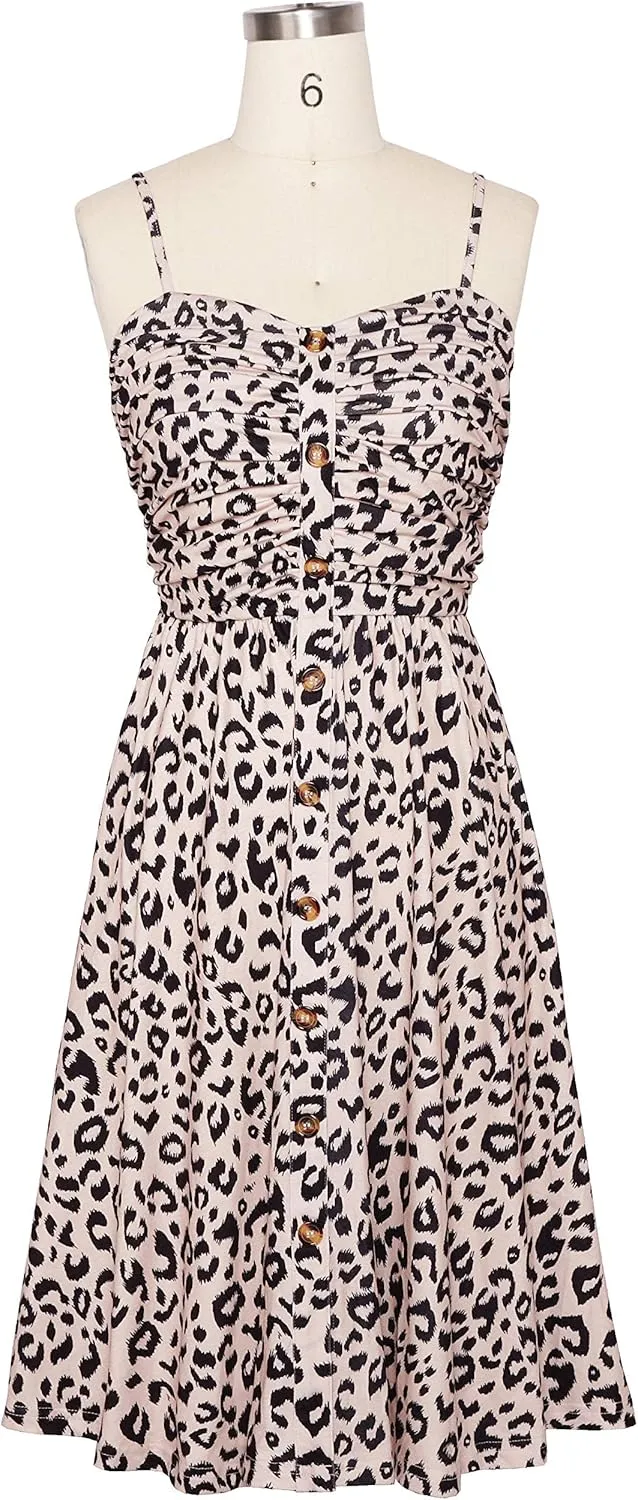 Women's Summer Casual Dress Florals Buttons Down Ruched Sweetheart Neck Sleeveless Midi Sundress