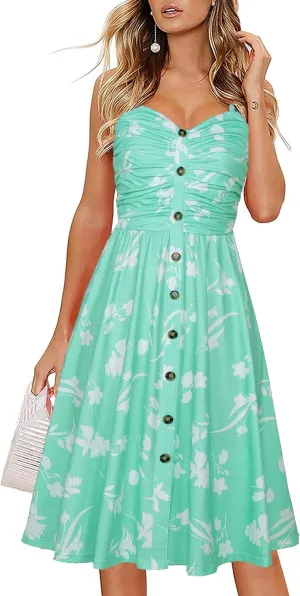 Women's Summer Casual Dress Florals Buttons Down Ruched Sweetheart Neck Sleeveless Midi Sundress