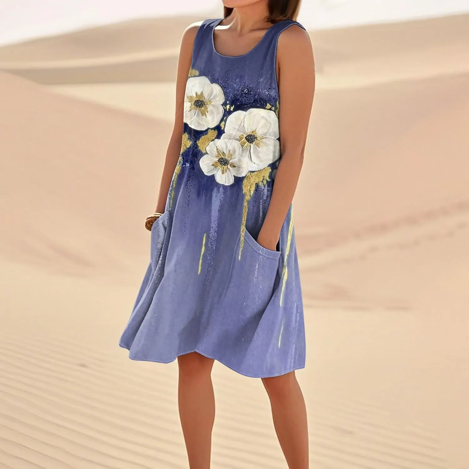 Women's Summer Cotton Linen Midi Dress Sleeveless U-Neck Printed Dresses Plus Size Loose Comfy Dress with Pockets