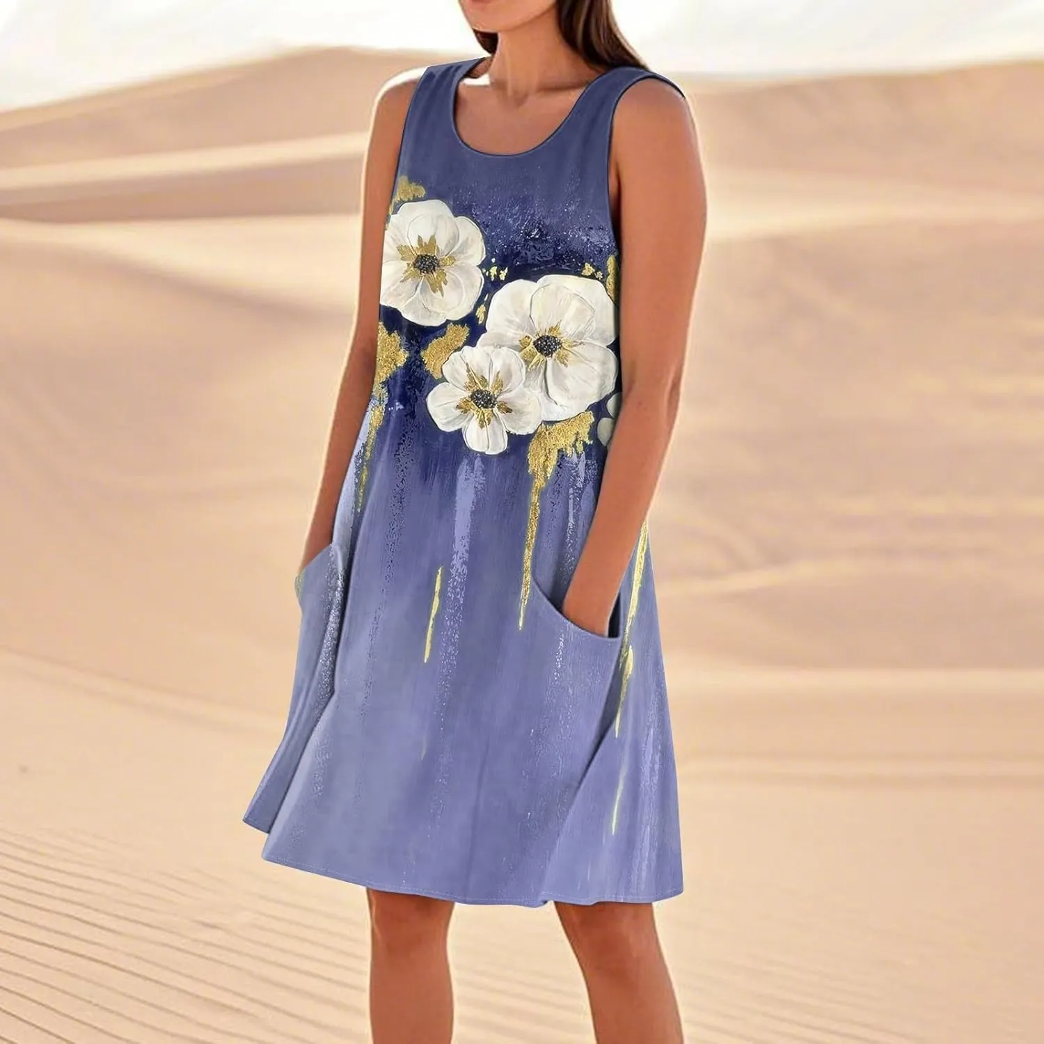 Women's Summer Cotton Linen Midi Dress Sleeveless U-Neck Printed Dresses Plus Size Loose Comfy Dress with Pockets