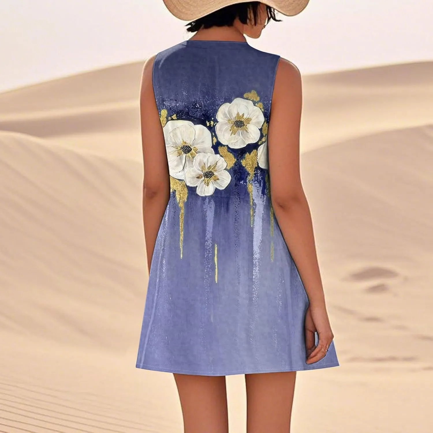 Women's Summer Cotton Linen Midi Dress Sleeveless U-Neck Printed Dresses Plus Size Loose Comfy Dress with Pockets