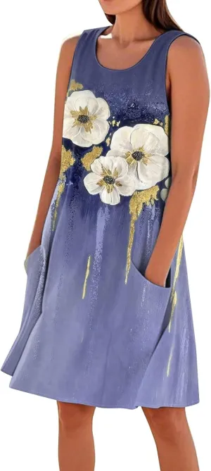 Women's Summer Cotton Linen Midi Dress Sleeveless U-Neck Printed Dresses Plus Size Loose Comfy Dress with Pockets
