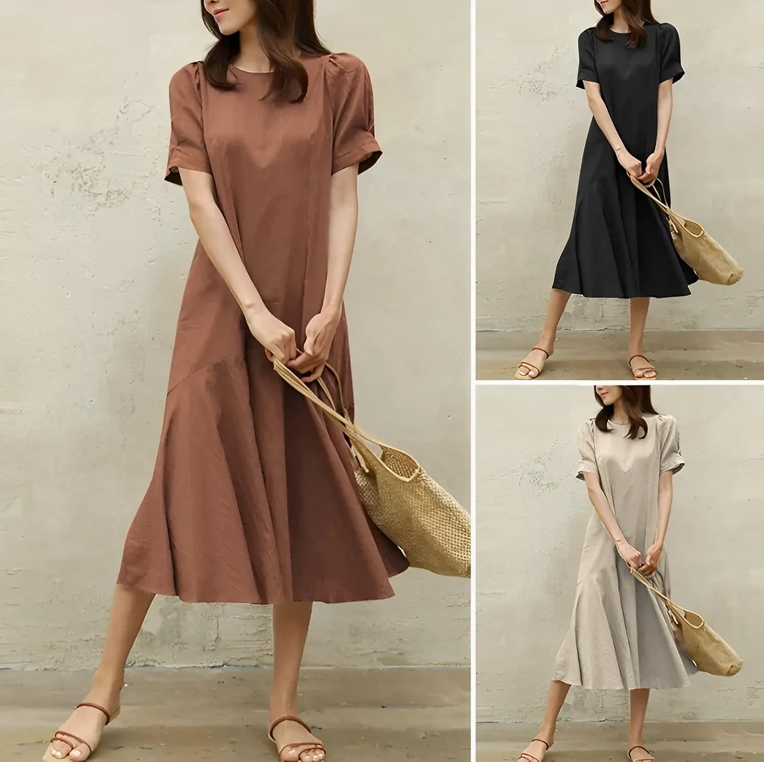 Womens Summer Cotton Linen Short Sleeve Crew Neck Dress Casual Loose Flowy Ruffle Hem Plus Size Midi Dresses for Women
