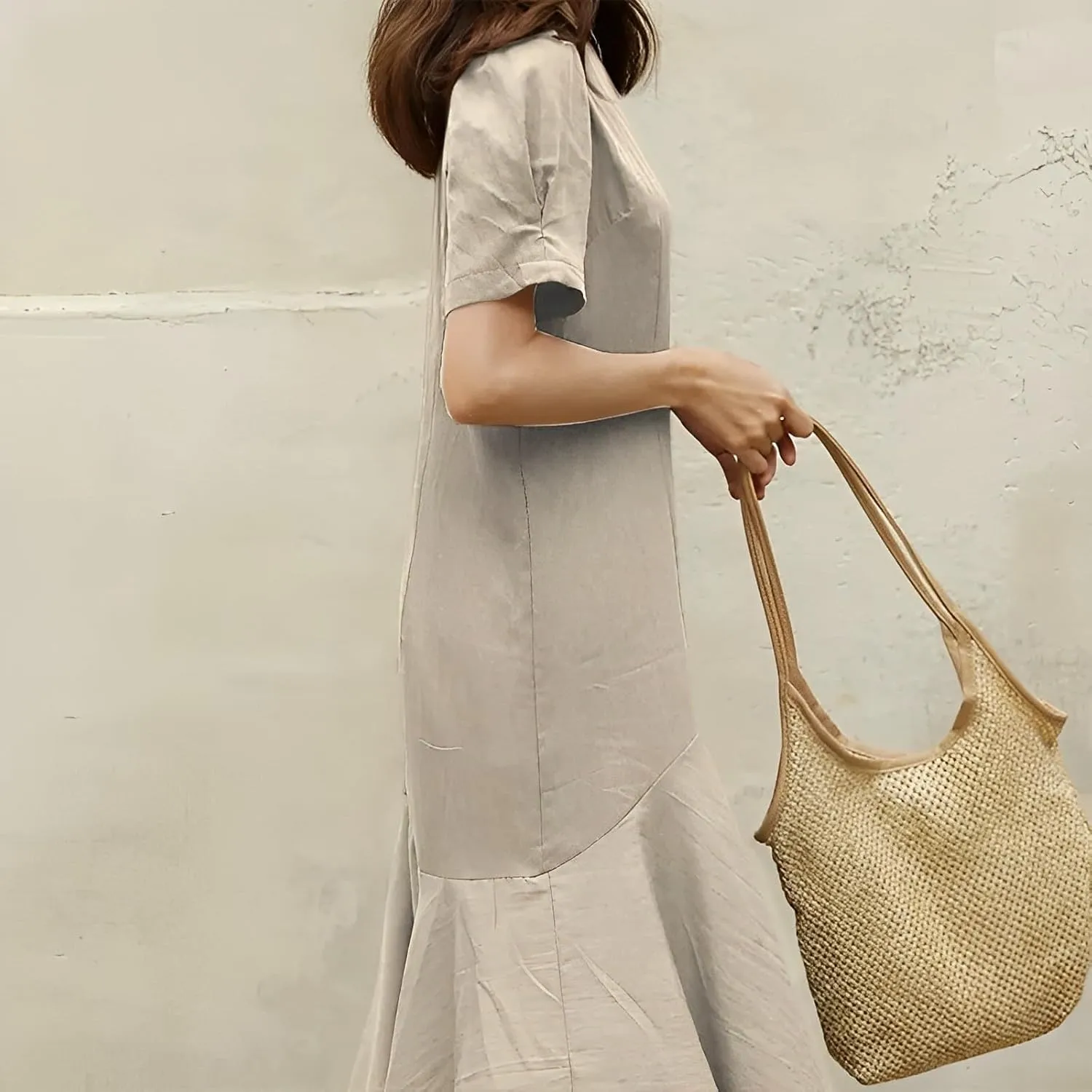 Womens Summer Cotton Linen Short Sleeve Crew Neck Dress Casual Loose Flowy Ruffle Hem Plus Size Midi Dresses for Women